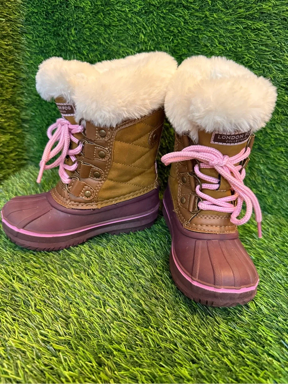 London Fog youth girls Brown & Pink Faux Fur-Trim Winter Boots size 8c